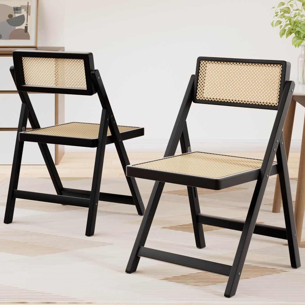 2x Foldable Dining Chairs Black Wooden Rattan Modern Home Furniture