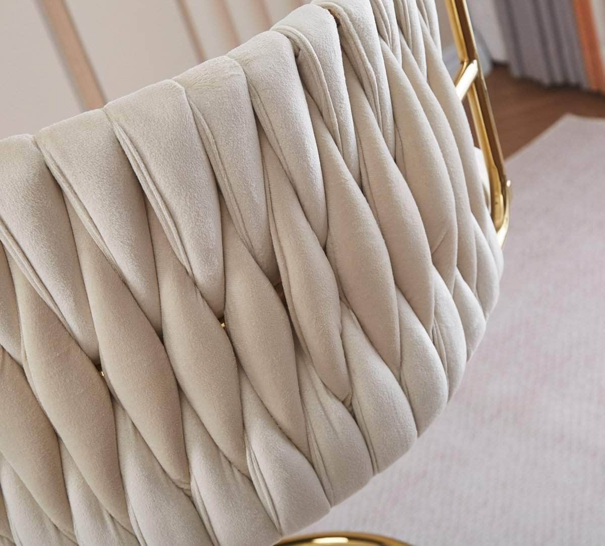 2x Height-Adjustable Ivory Velvet Swivel Bar Stools w/ Gold Base