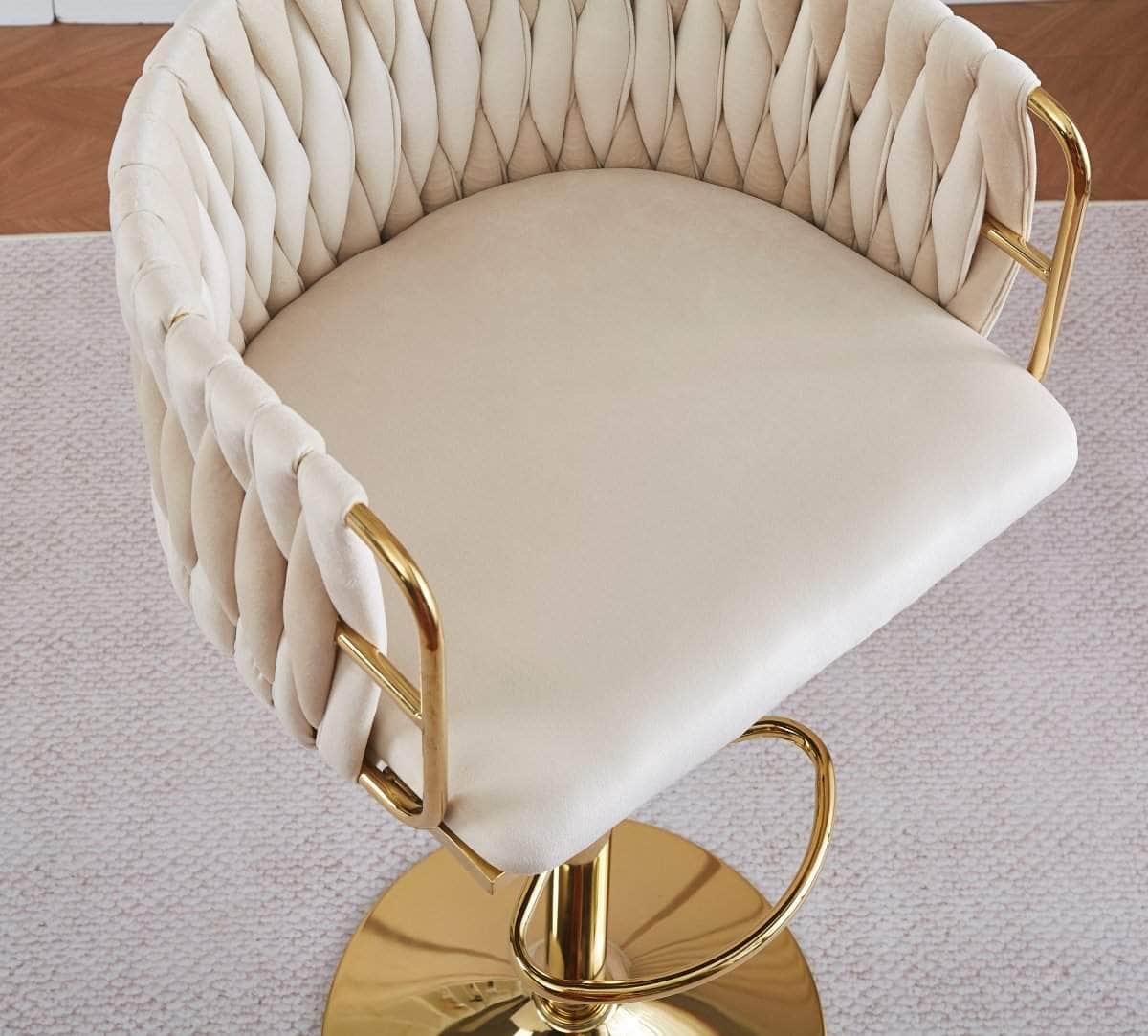 2x Height-Adjustable Ivory Velvet Swivel Bar Stools w/ Gold Base
