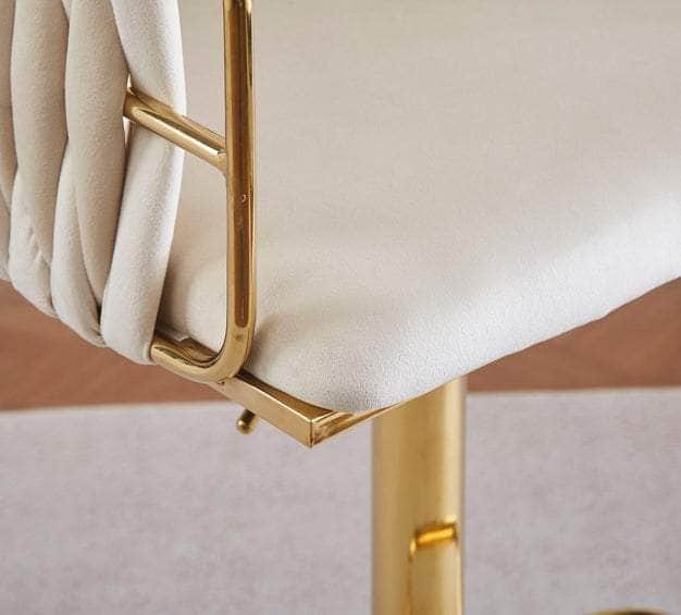 2x Height-Adjustable Ivory Velvet Swivel Bar Stools w/ Gold Base