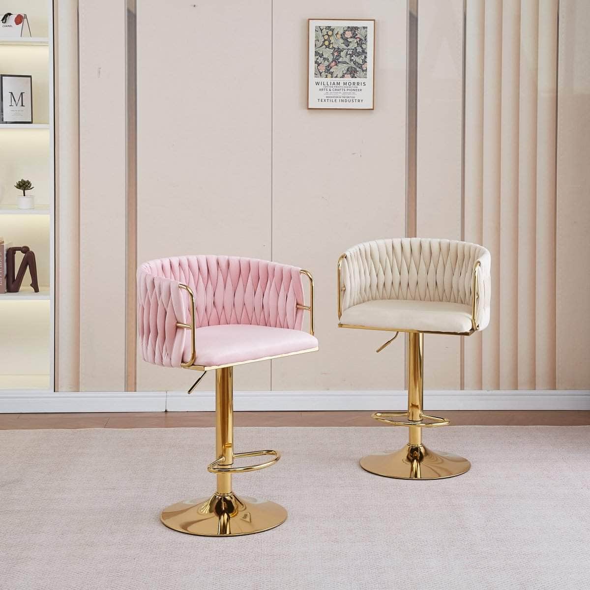 2x Height-Adjustable Ivory Velvet Swivel Bar Stools w/ Gold Base