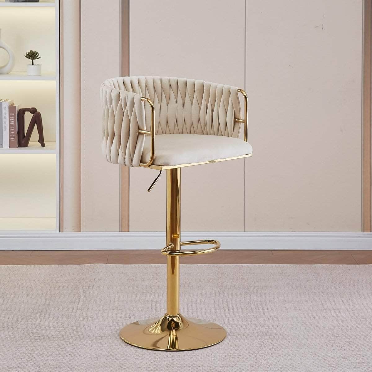 2x Height-Adjustable Ivory Velvet Swivel Bar Stools w/ Gold Base
