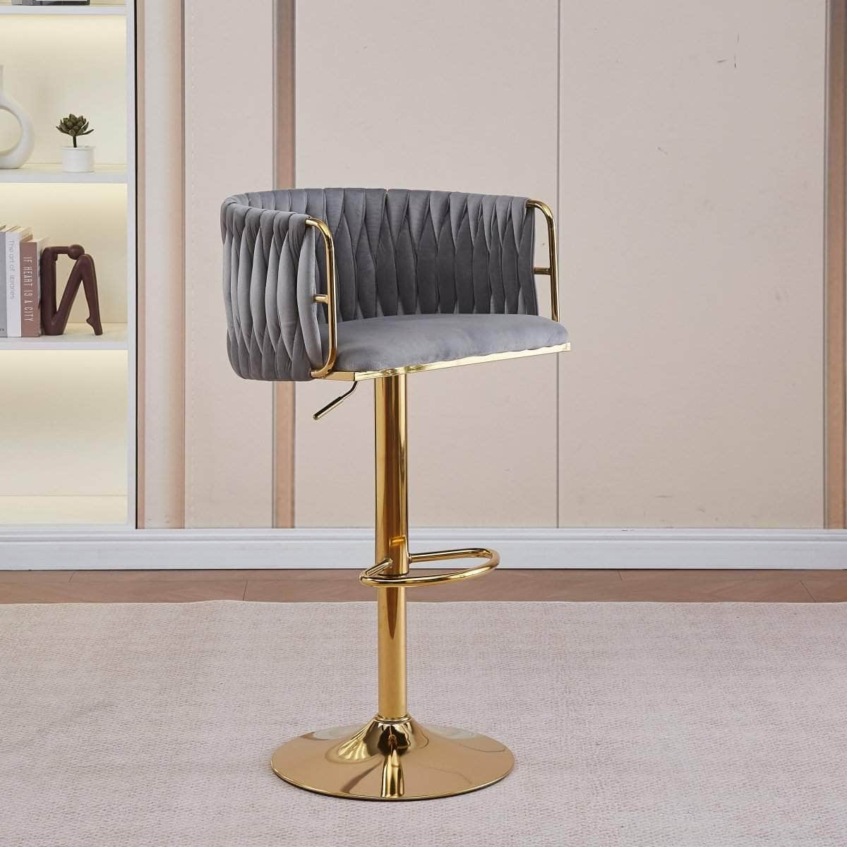 2x Height-Adjustable Ivory Velvet Swivel Bar Stools w/ Gold Base