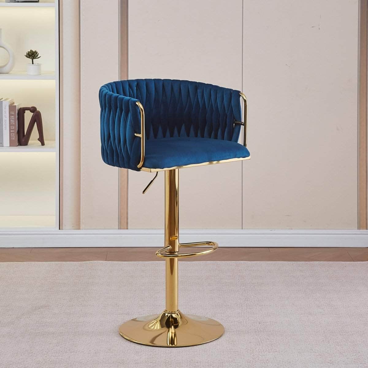 2x Height-Adjustable Ivory Velvet Swivel Bar Stools w/ Gold Base