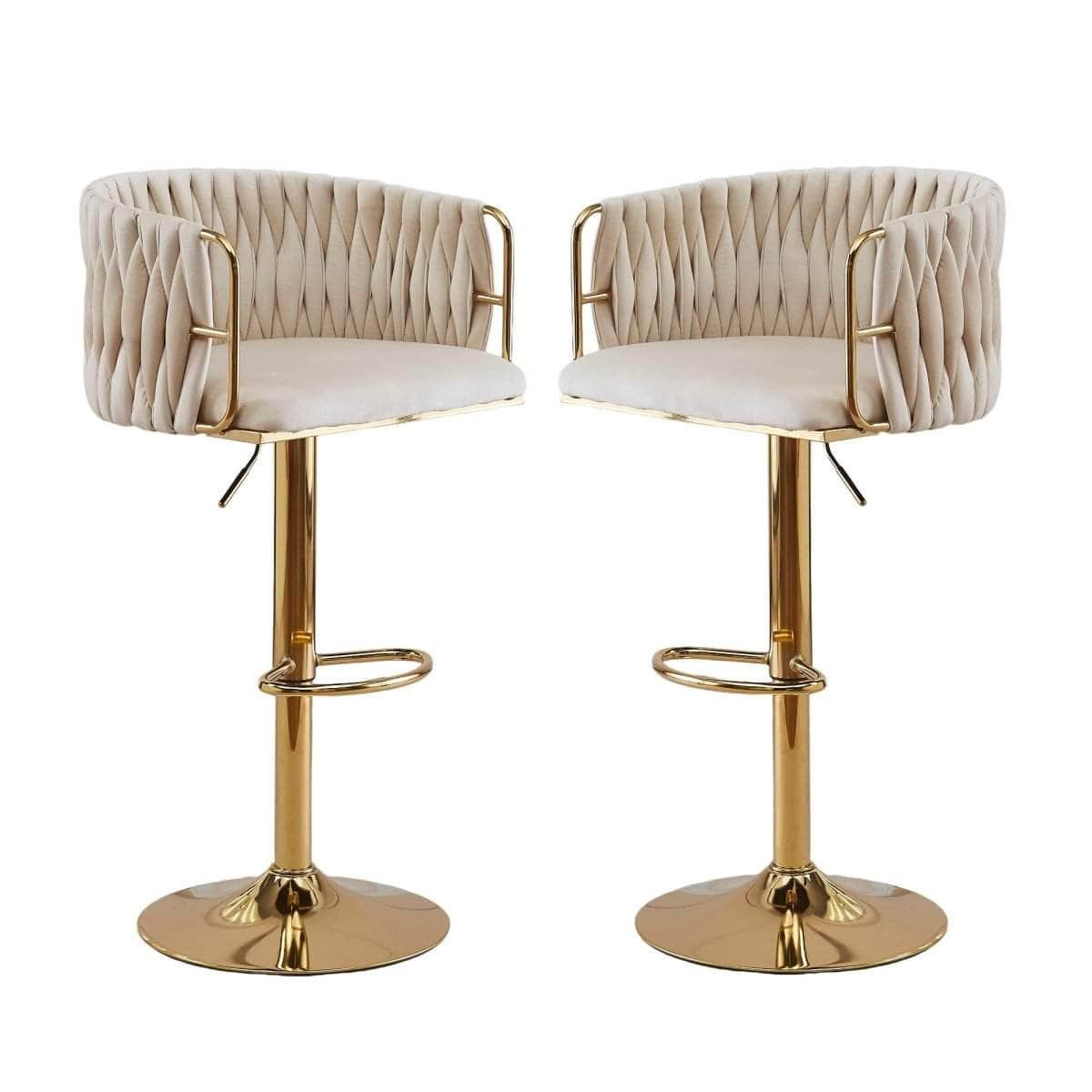 2x Height-Adjustable Ivory Velvet Swivel Bar Stools w/ Gold Base