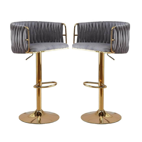 2x Height-Adjustable Ivory Velvet Swivel Bar Stools w/ Gold Base