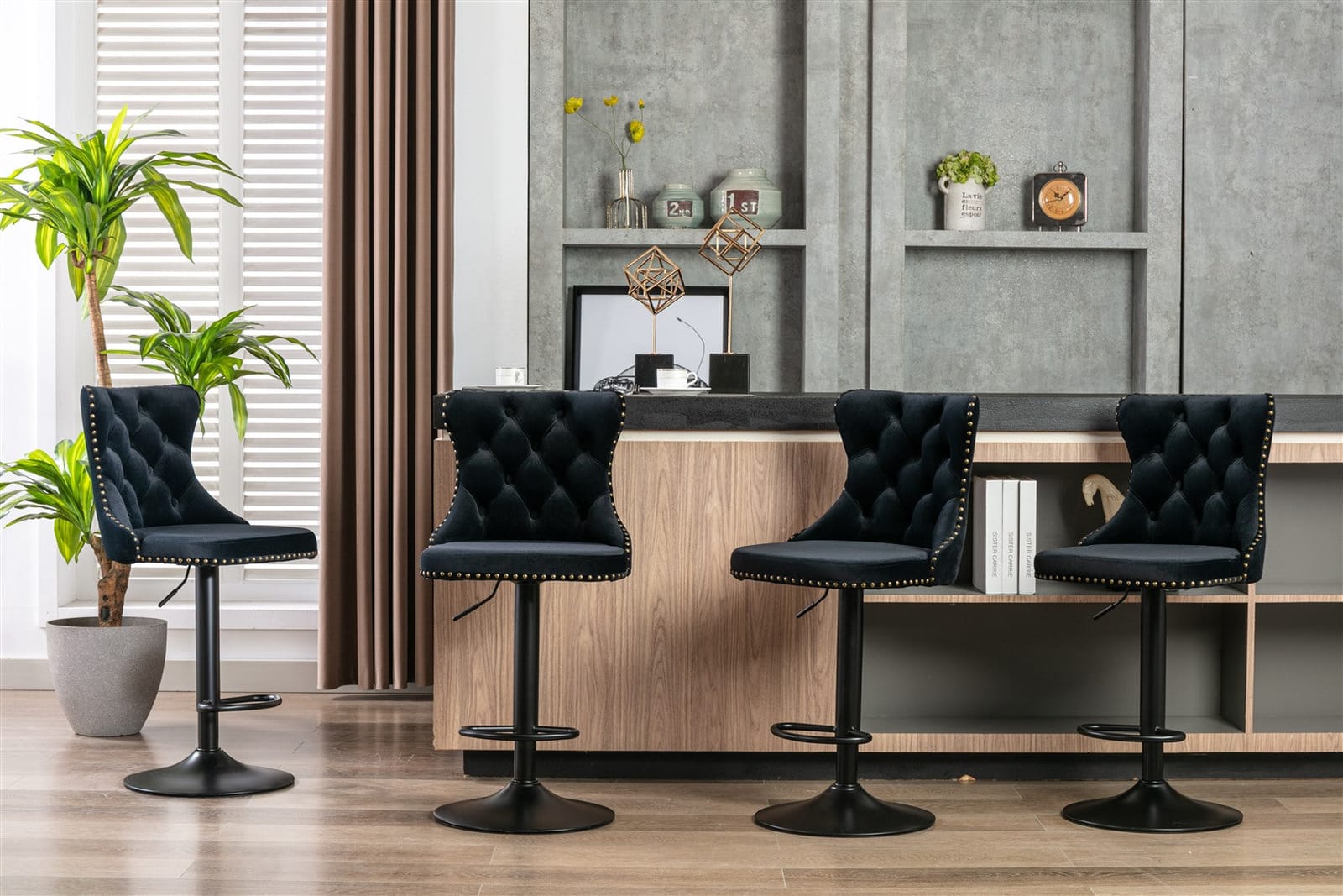 2X Height Adjustable Swivel Bar Stool Velvet Nailhead Barstool With Footrest Grey/Black | Grey colour - photo 26