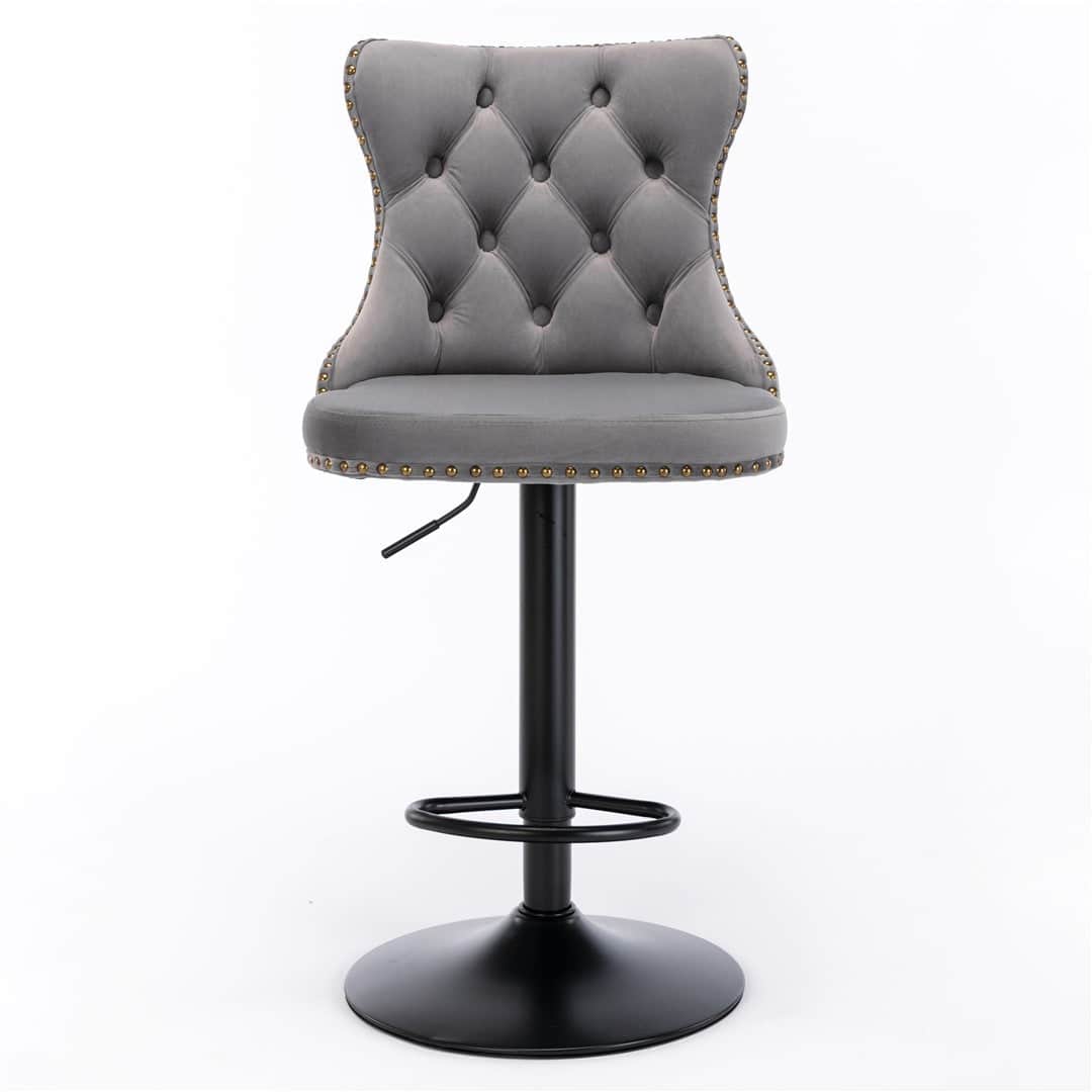 2X Height Adjustable Swivel Bar Stool Velvet Nailhead Barstool With Footrest Grey/Black