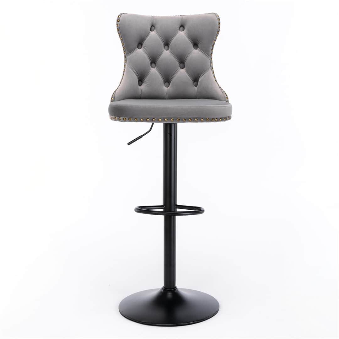 2X Height Adjustable Swivel Bar Stool Velvet Nailhead Barstool With Footrest Grey/Black