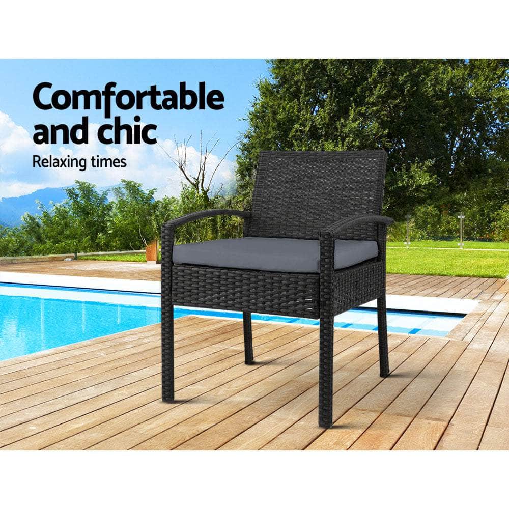 2x Outdoor Dining Chairs Wicker Chair Patio Garden Furniture Lounge Setting Bistro Set Cafe Cushion Black