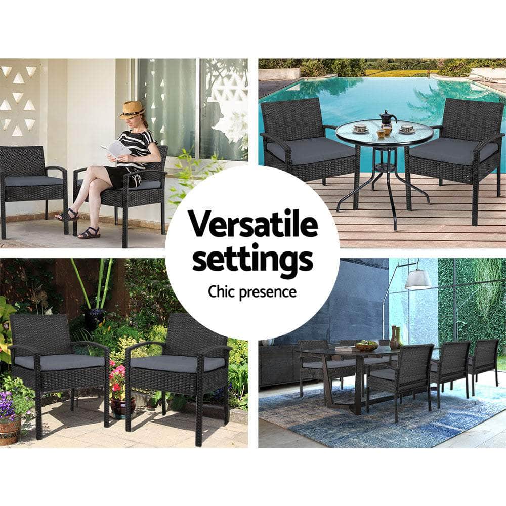 2x Outdoor Dining Chairs Wicker Chair Patio Garden Furniture Lounge Setting Bistro Set Cafe Cushion Black