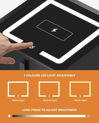 2x Smart Bedside Tables Wireless Charging LED 3 Drawers Black