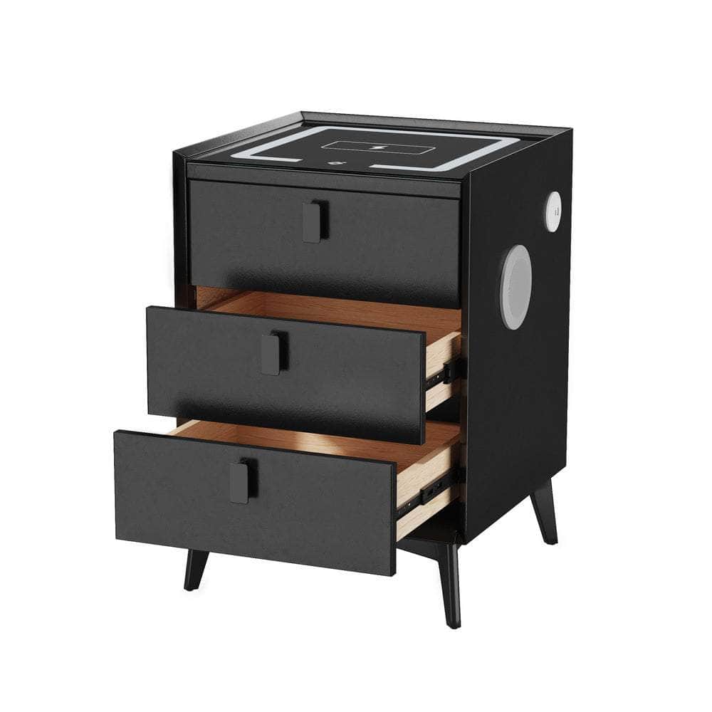 2x Smart Bedside Tables Wireless Charging LED 3 Drawers Black