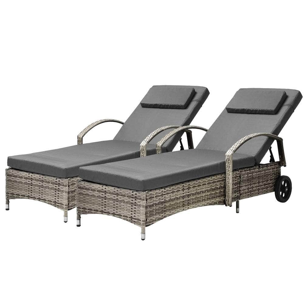 2x Sun Lounge Adjustable Backrest Wicker Black