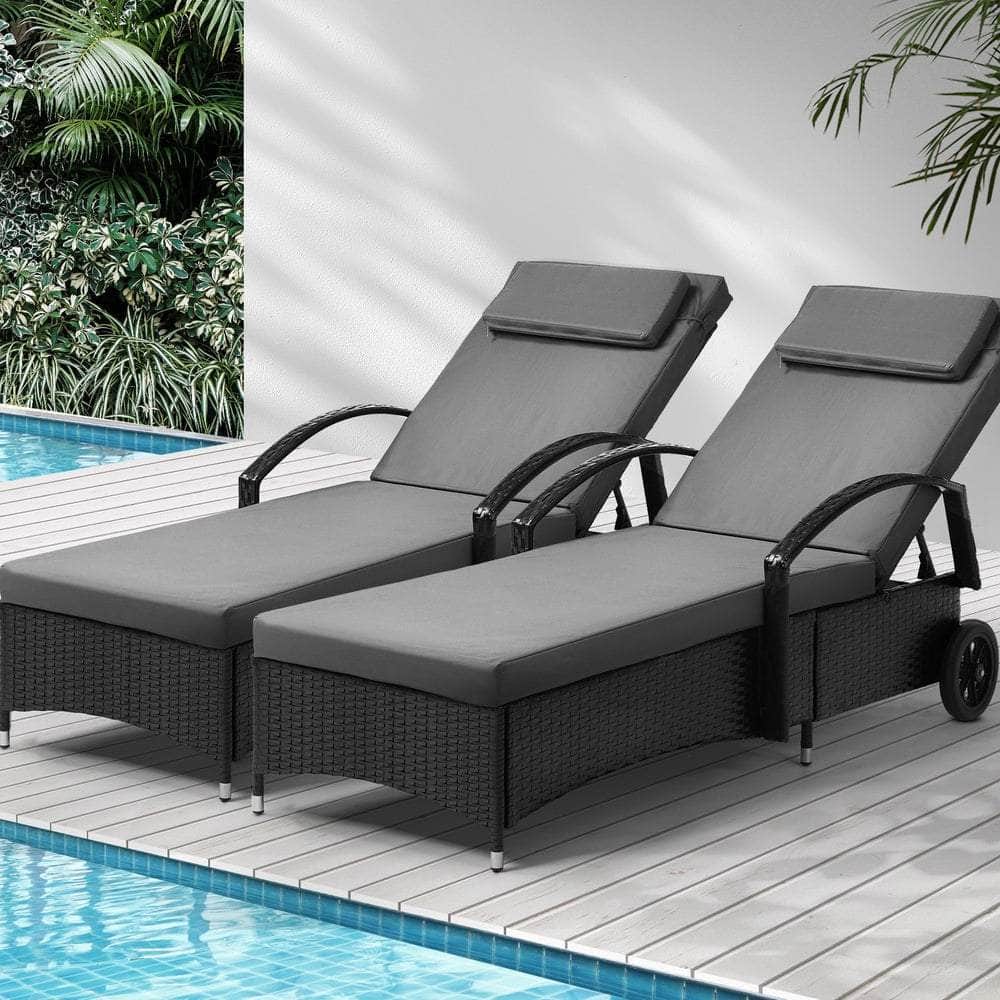 2x Sun Lounge Adjustable Backrest Wicker Black