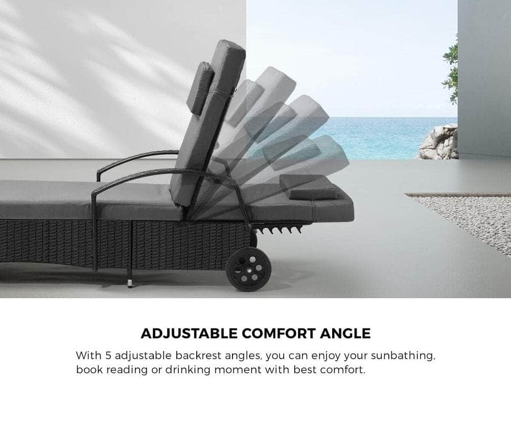 2x Sun Lounge Adjustable Backrest Wicker Black