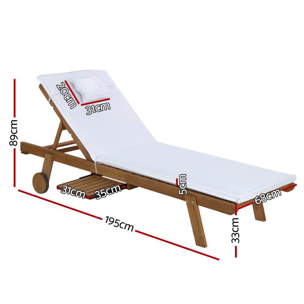 2X Sun Lounge Wooden Lounger Outdoor Furniture Day Bed Wheel Patio White