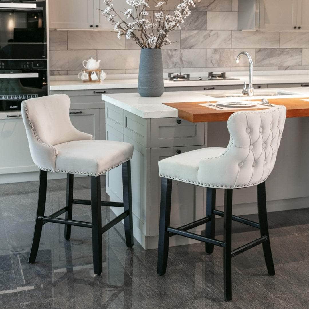 2X Velvet Upholstered Button Tufted Bar Stools With Wood Legs And Studs-Beige