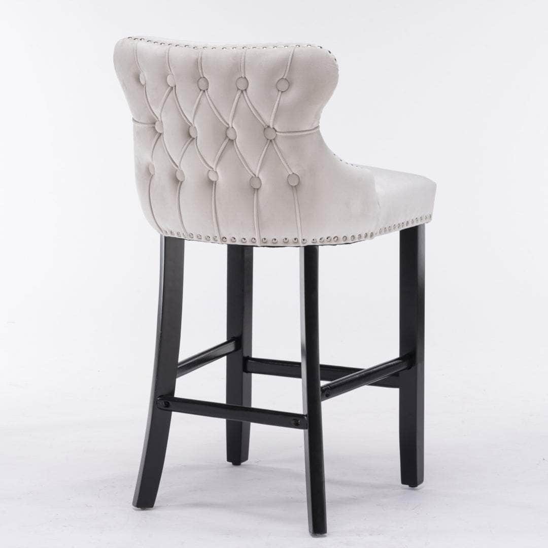 2X Velvet Upholstered Button Tufted Bar Stools With Wood Legs And Studs-Beige