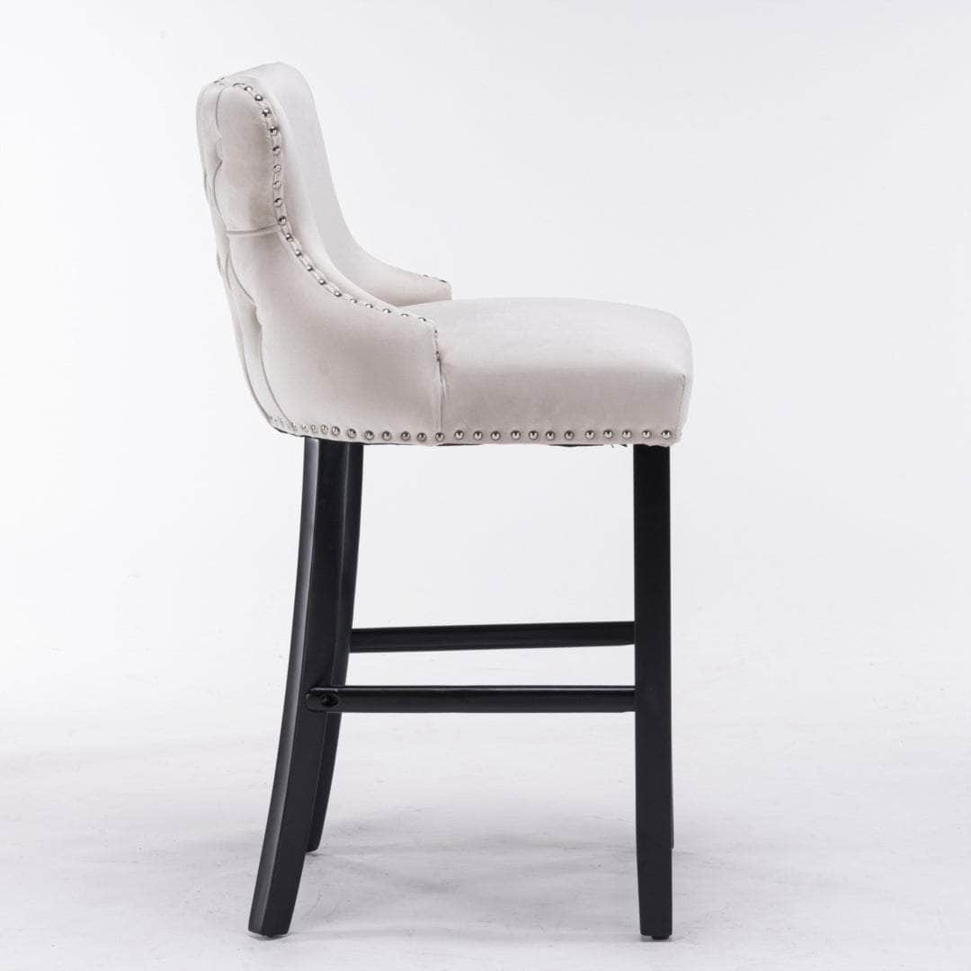 2X Velvet Upholstered Button Tufted Bar Stools With Wood Legs And Studs-Beige