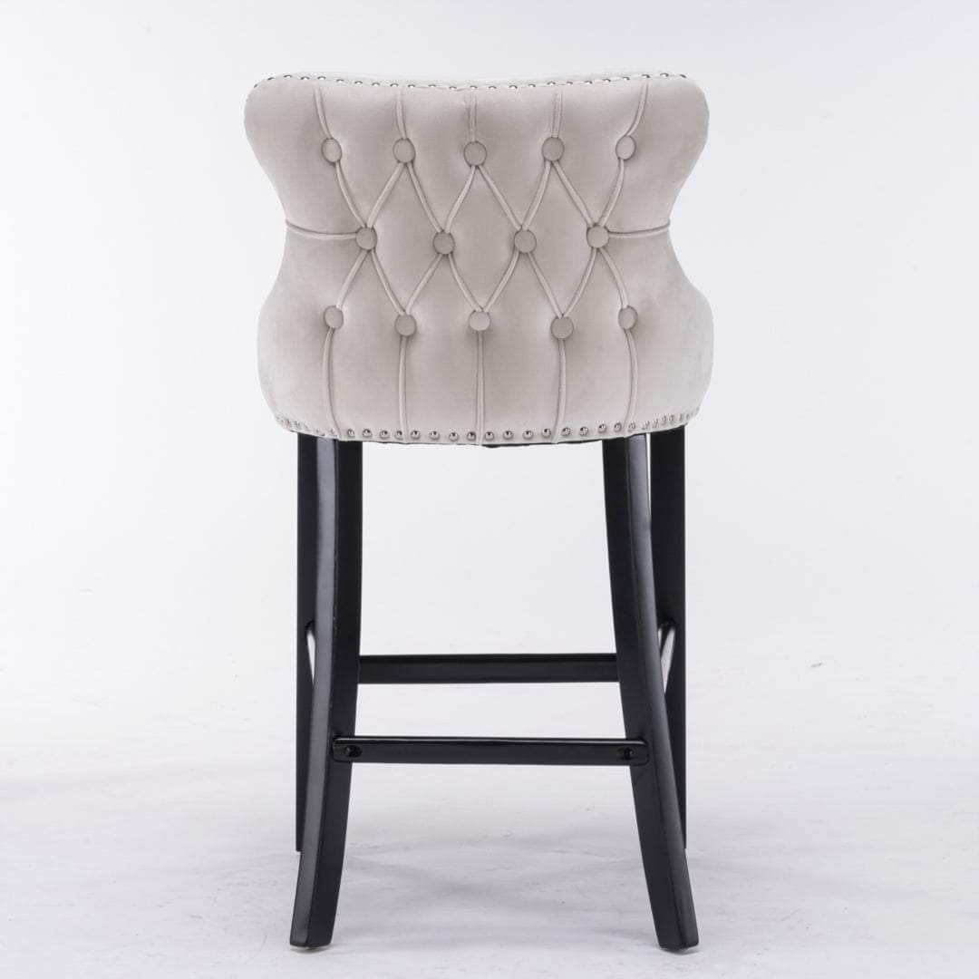 2X Velvet Upholstered Button Tufted Bar Stools With Wood Legs And Studs-Beige