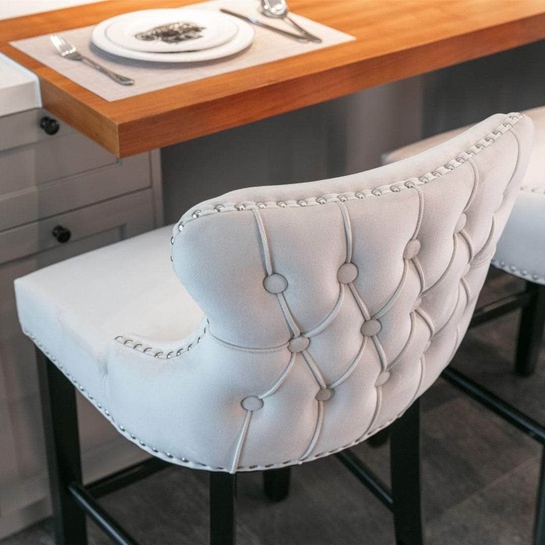 2X Velvet Upholstered Button Tufted Bar Stools With Wood Legs And Studs-Beige