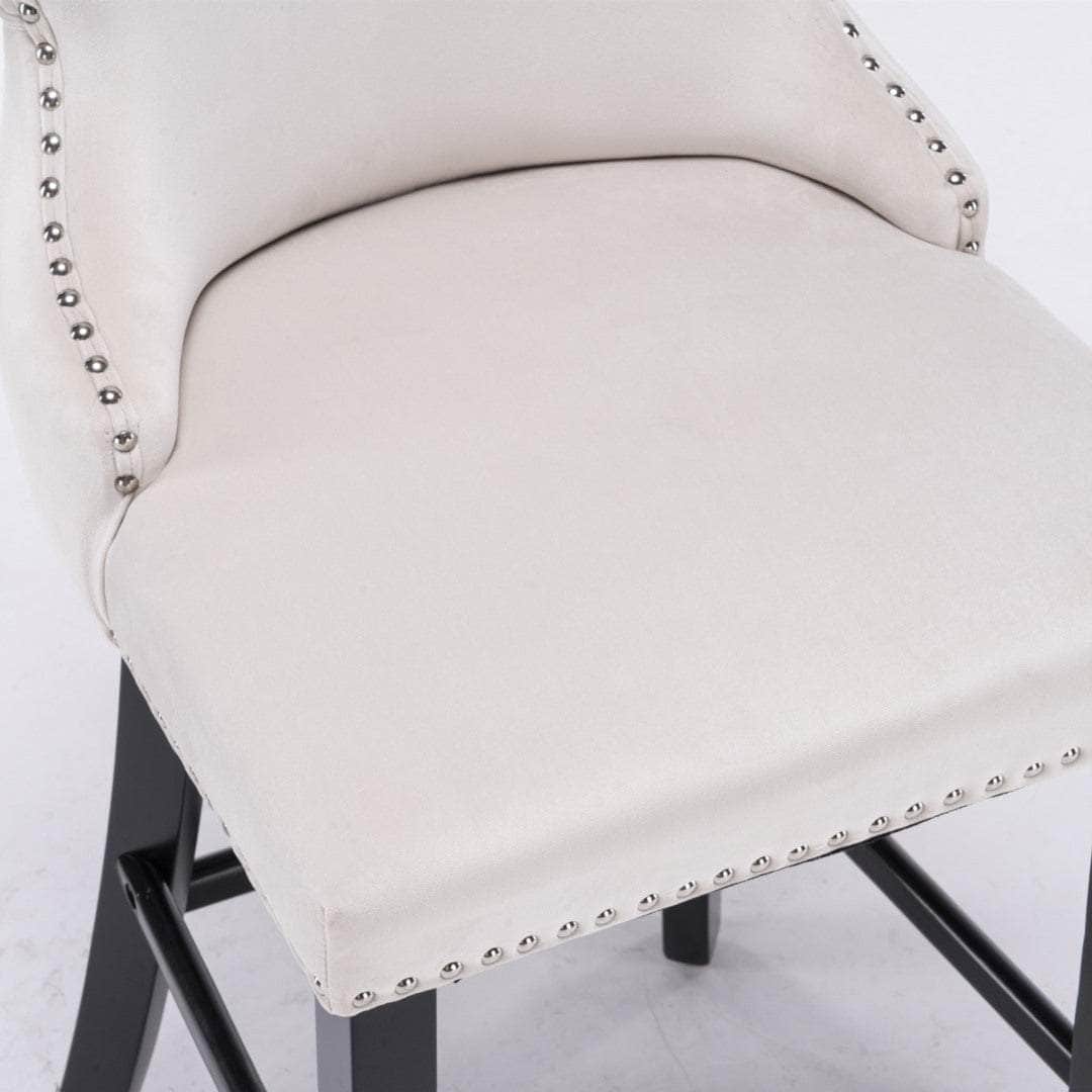 2X Velvet Upholstered Button Tufted Bar Stools With Wood Legs And Studs-Beige