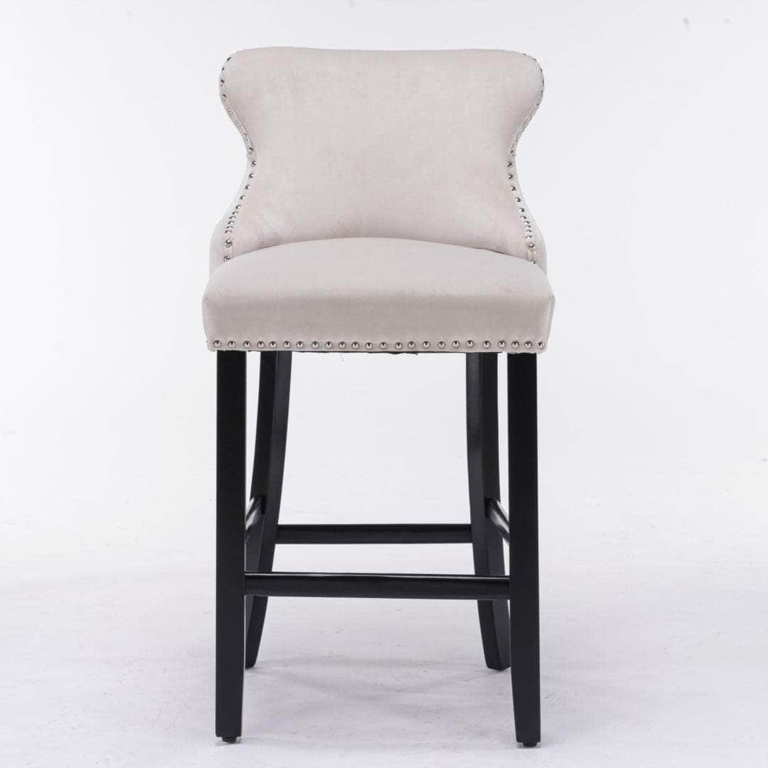 2X Velvet Upholstered Button Tufted Bar Stools With Wood Legs And Studs-Beige