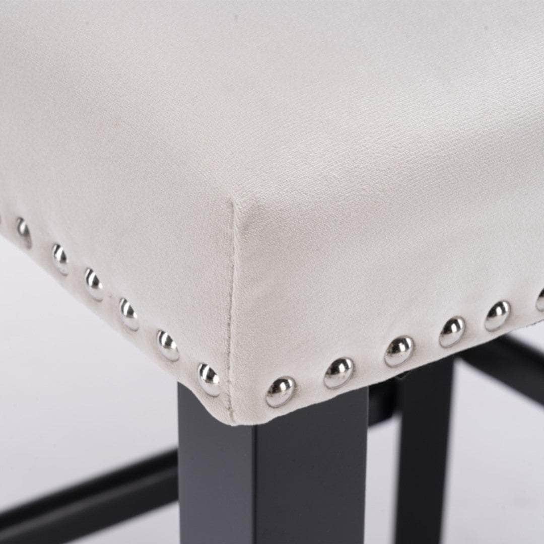2X Velvet Upholstered Button Tufted Bar Stools With Wood Legs And Studs-Beige