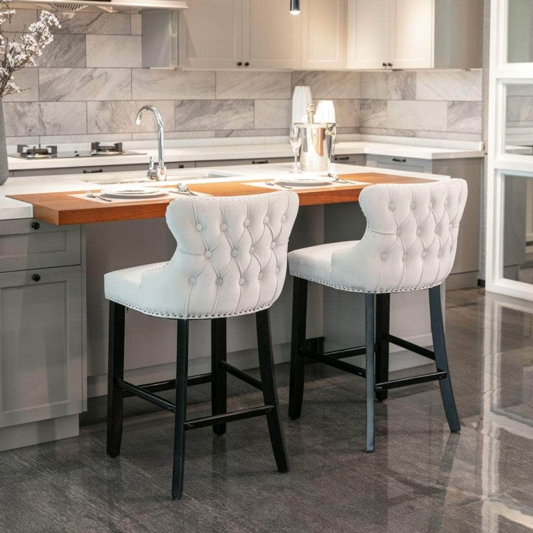 2X Velvet Upholstered Button Tufted Bar Stools With Wood Legs And Studs-Beige