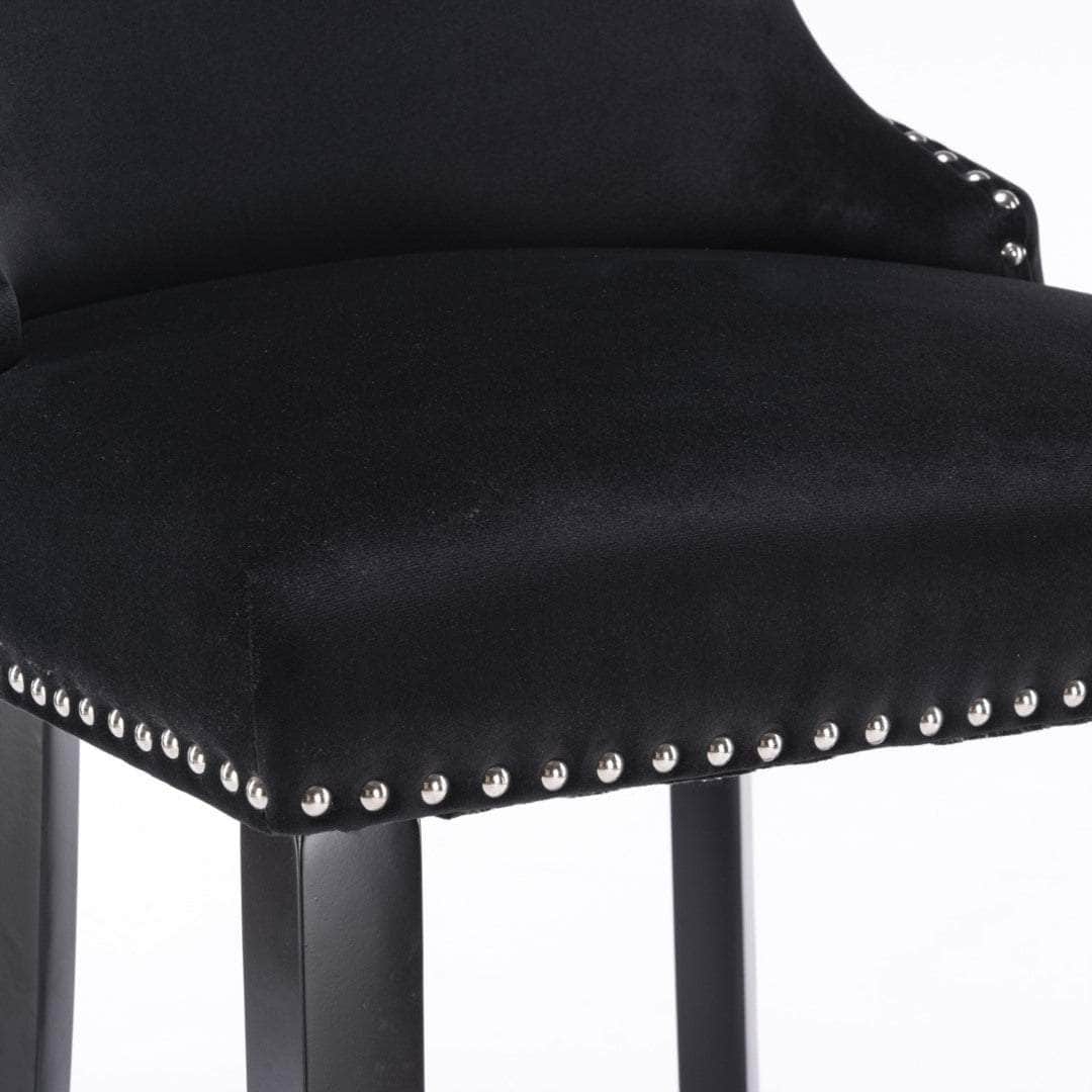 2X Velvet Upholstered Button Tufted Bar Stools With Wood Legs And Studs-Black