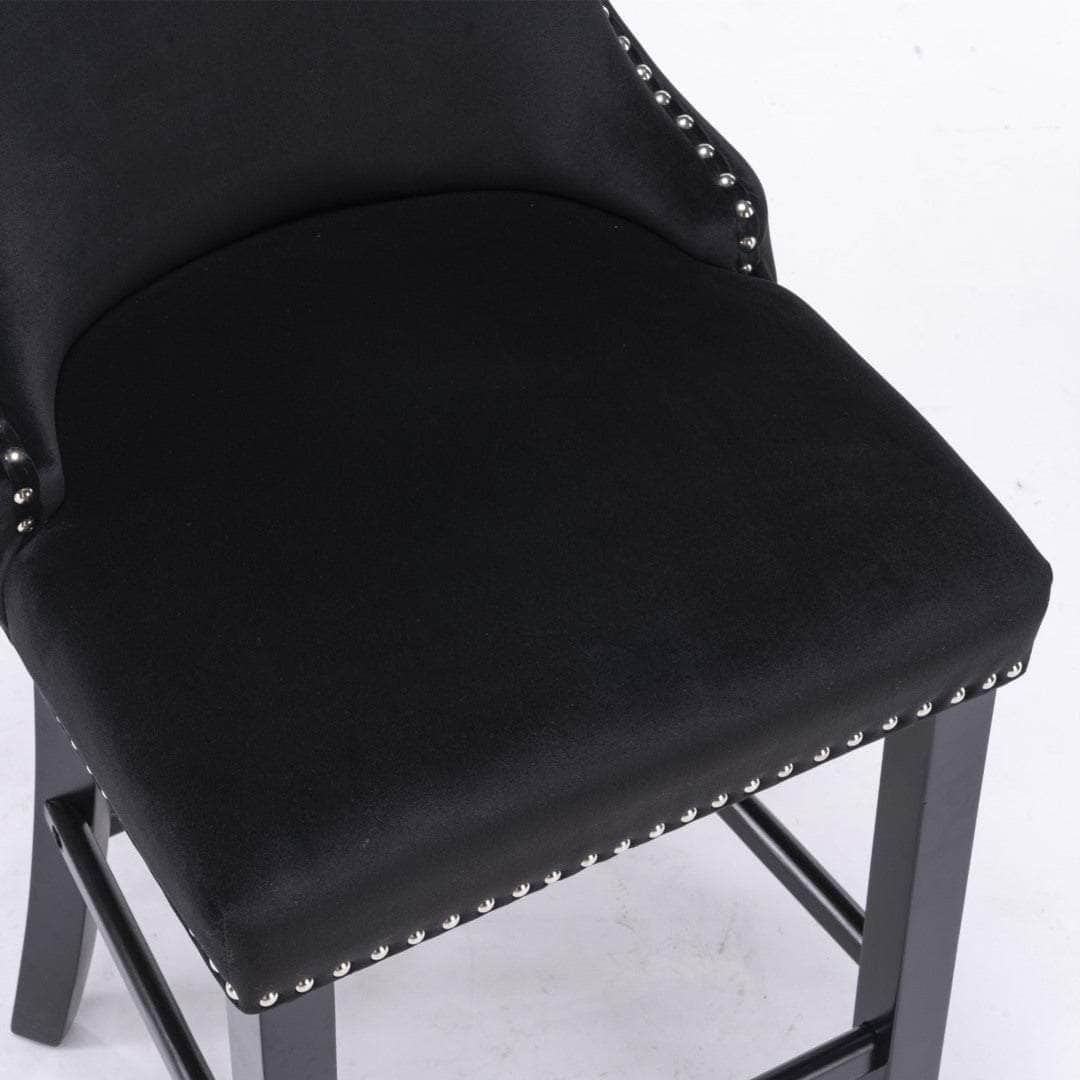 2X Velvet Upholstered Button Tufted Bar Stools With Wood Legs And Studs-Black