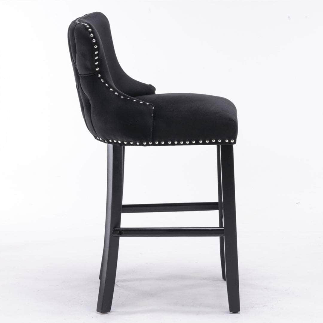 2X Velvet Upholstered Button Tufted Bar Stools With Wood Legs And Studs-Black