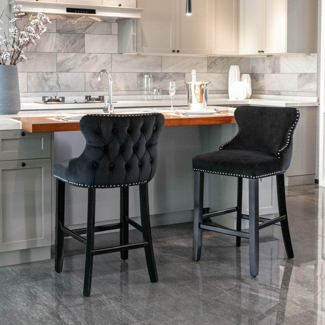 2X Velvet Upholstered Button Tufted Bar Stools With Wood Legs And Studs-Black