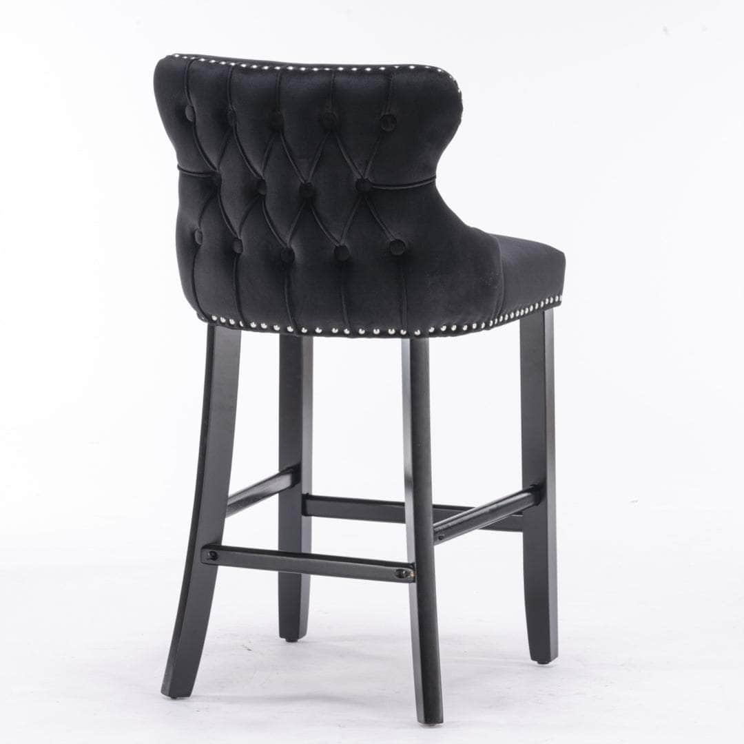 2X Velvet Upholstered Button Tufted Bar Stools With Wood Legs And Studs-Black