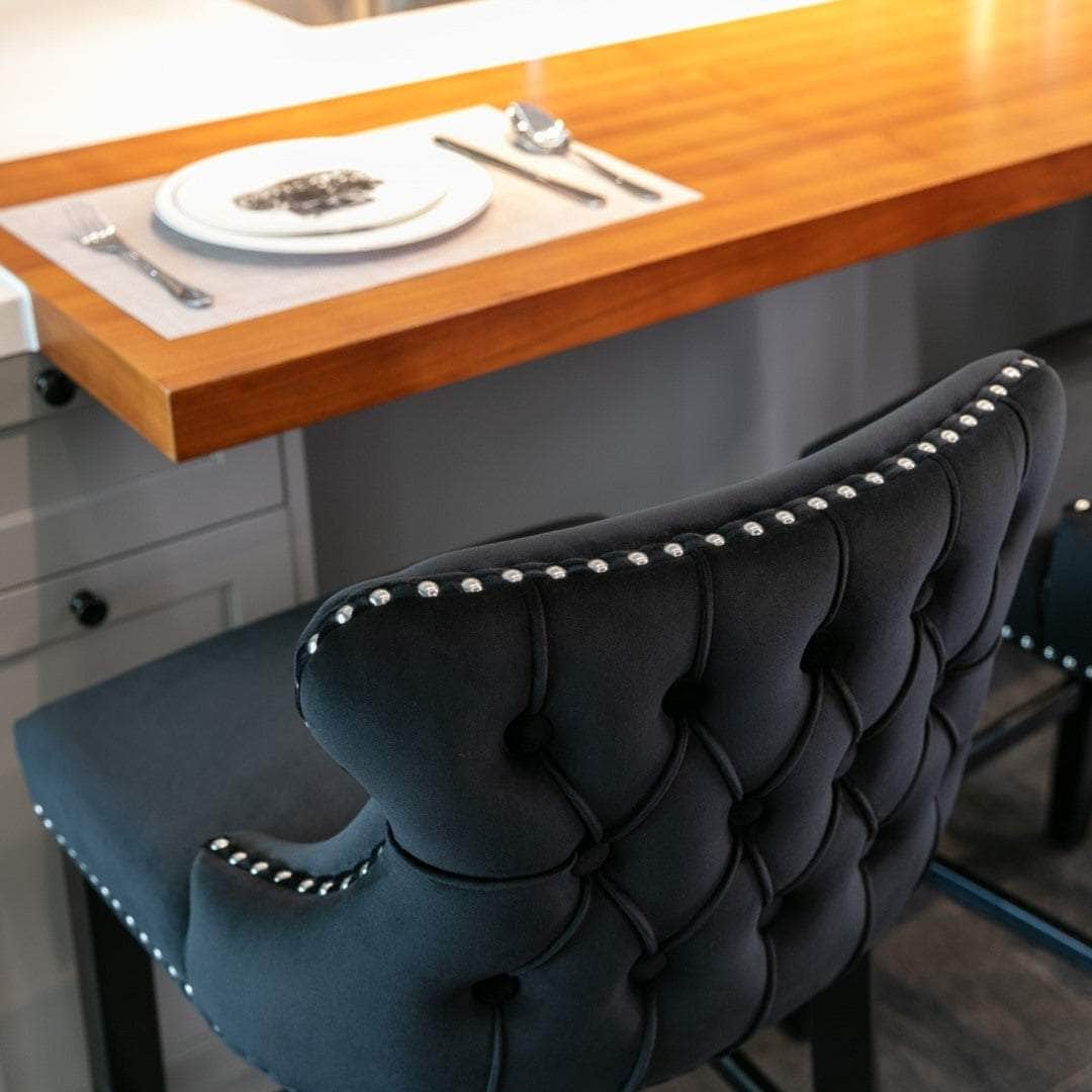 2X Velvet Upholstered Button Tufted Bar Stools With Wood Legs And Studs-Black