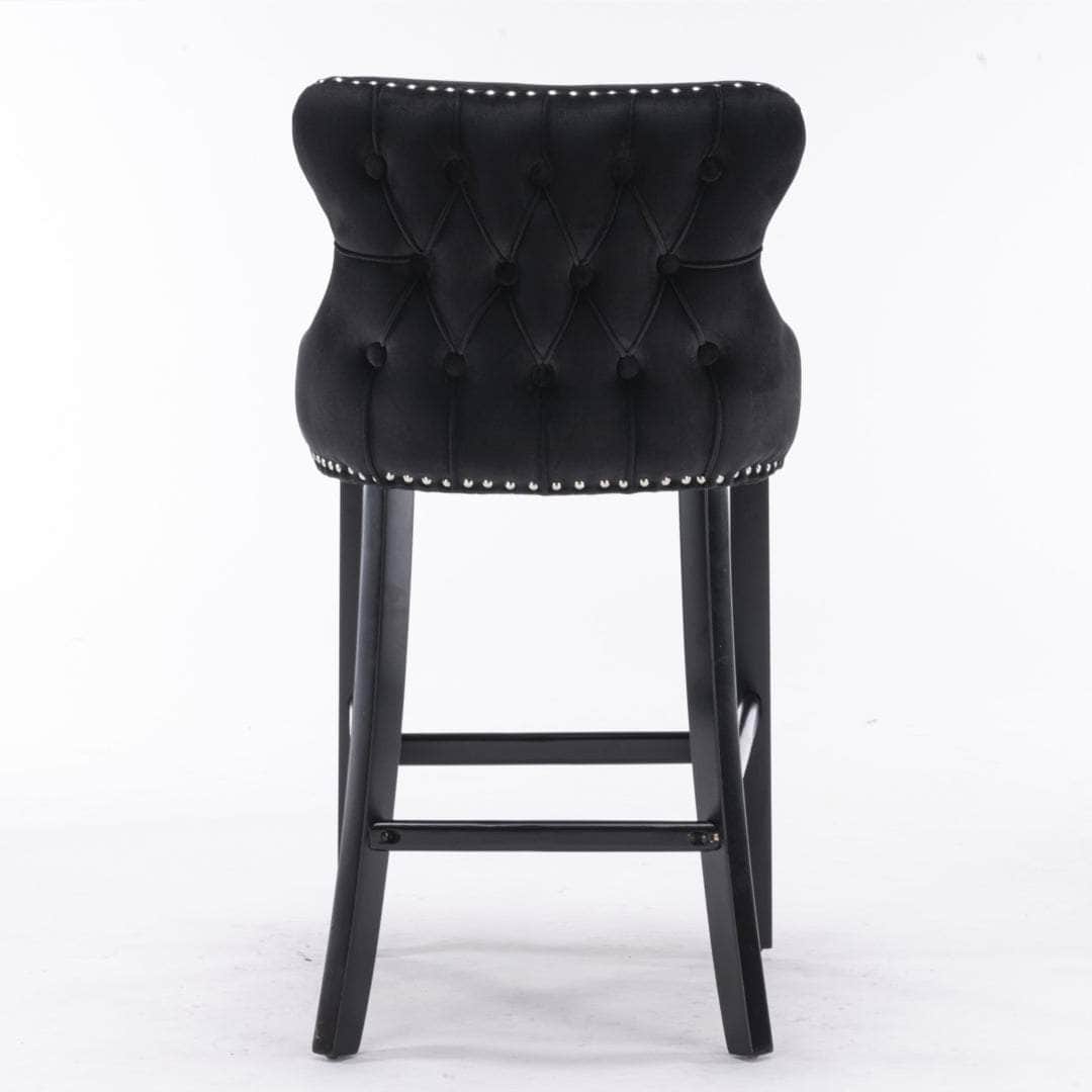 2X Velvet Upholstered Button Tufted Bar Stools With Wood Legs And Studs-Black