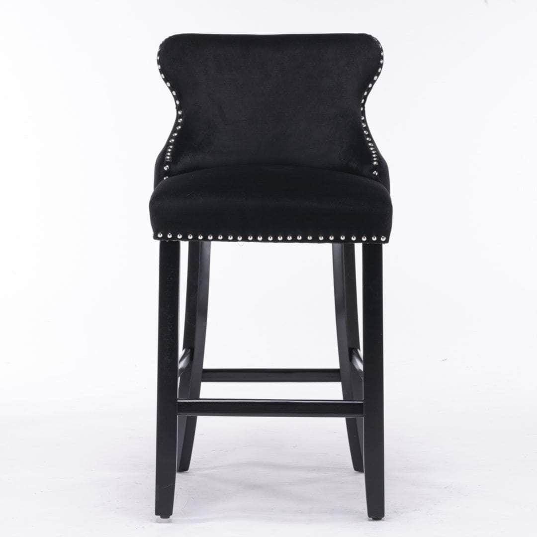 2X Velvet Upholstered Button Tufted Bar Stools With Wood Legs And Studs-Black