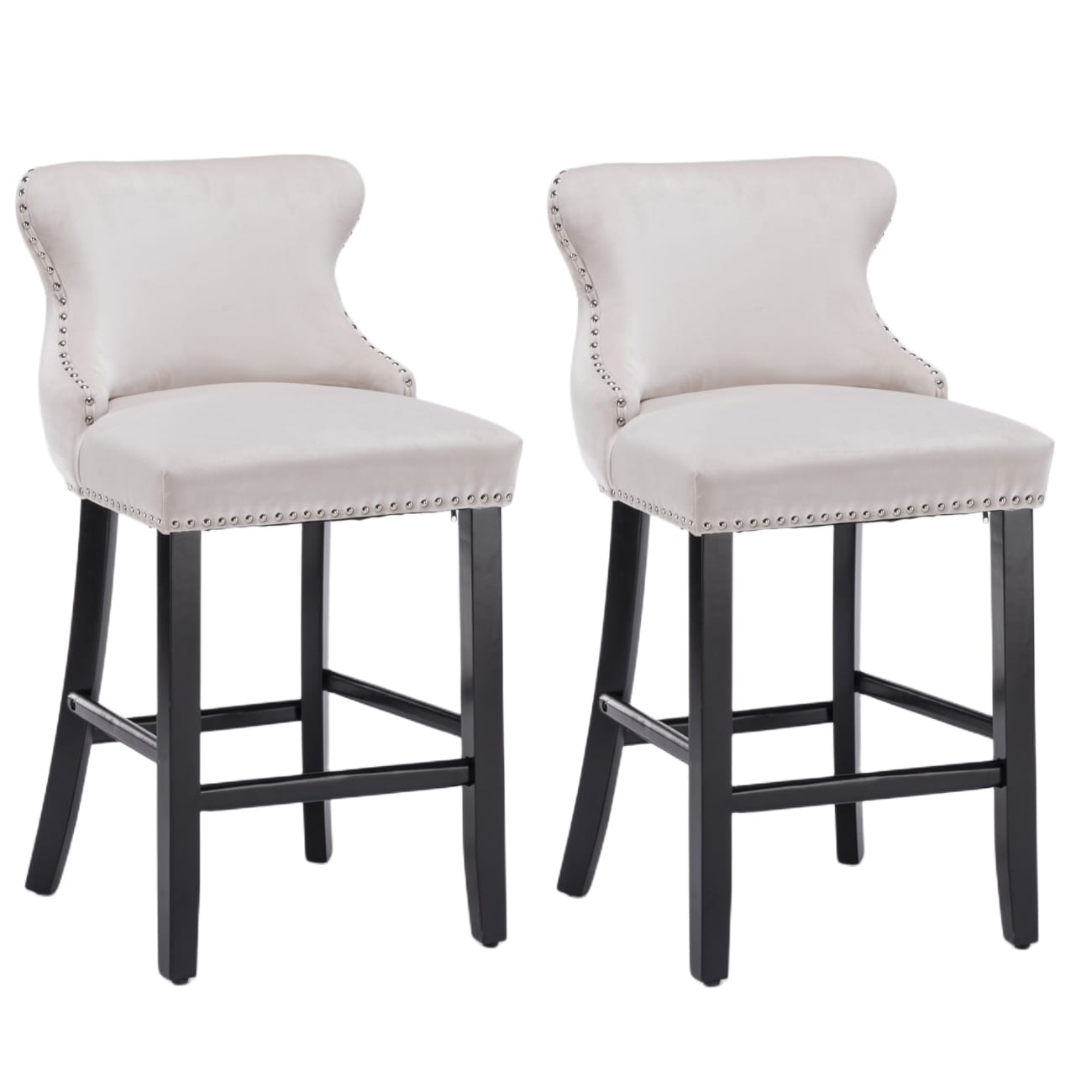 2X Velvet Upholstered Button Tufted Bar Stools With Wood Legs And Studs-Beige with Table & Bar Stools - photo 16
