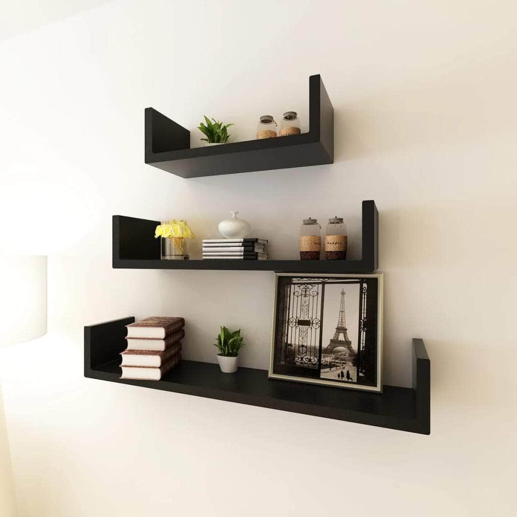 3 Black MDF U-shaped Floating Wall Display Shelves Book/DVD Storage | Afterpay | zip | laybuy | latitude