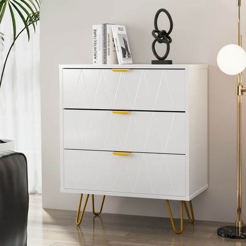 3 Chest of Drawers Dresser Storage Cabinet with Gold Handles White