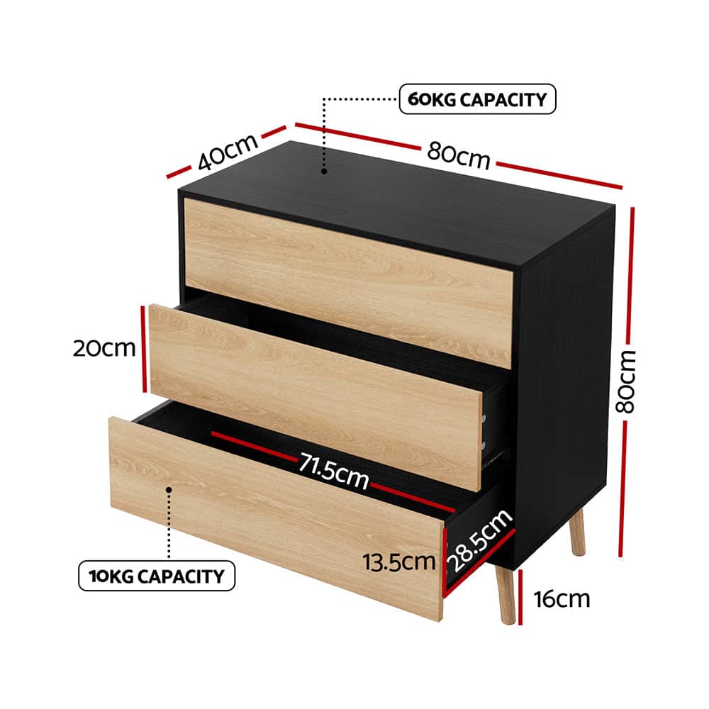 3 Chest of Drawers Dresser Table Black&Pine