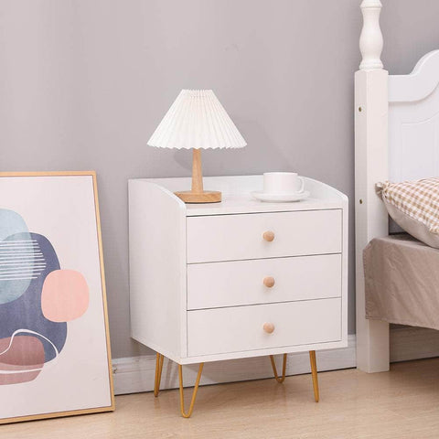 3-Drawer Nightstand Bedside Table With Gold Steel Legs Tray Top White