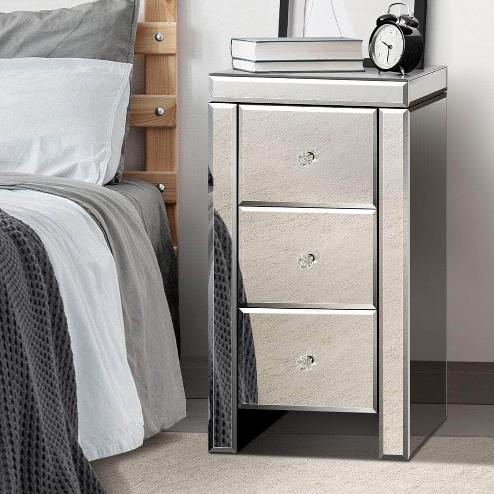 3 Drawers Mirrored Nightstand Bedroom Storage Cabiner End Table
