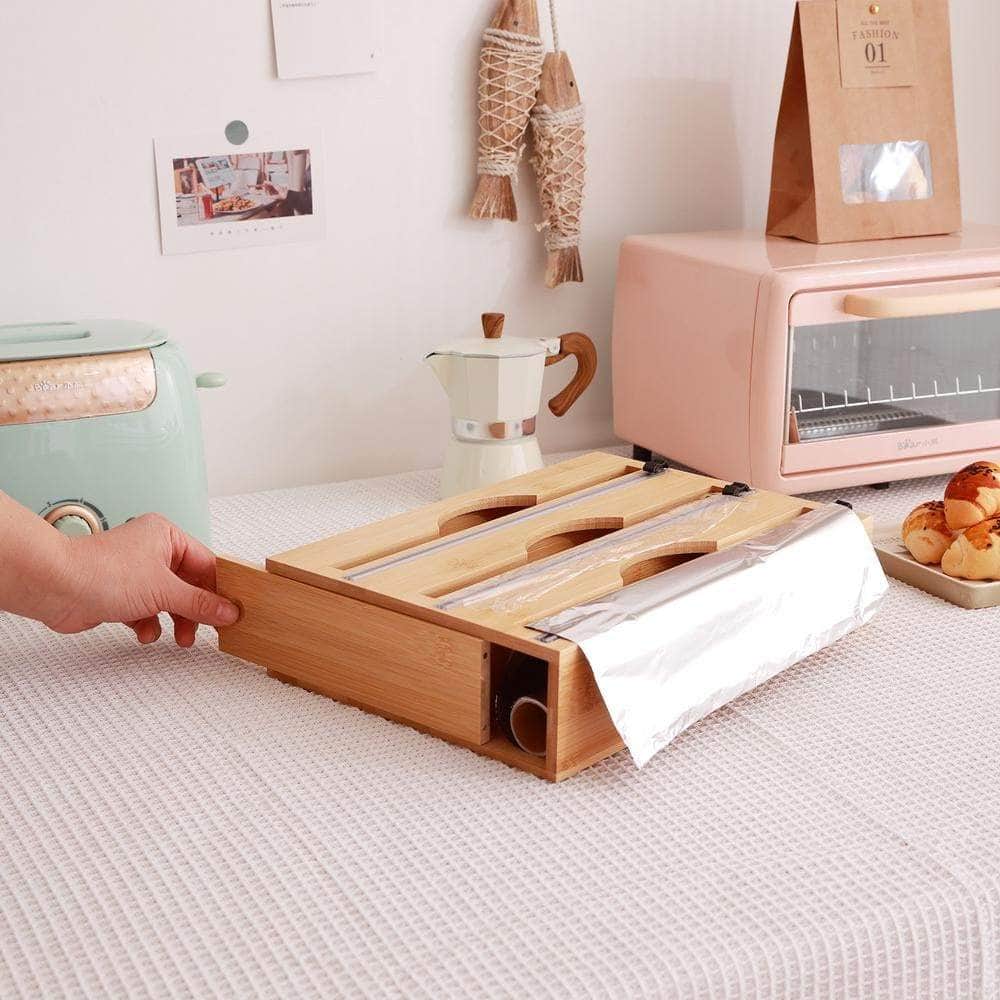 3 Grids Bamboo Food Wrap Dispenser Cutter Foil Cling Film