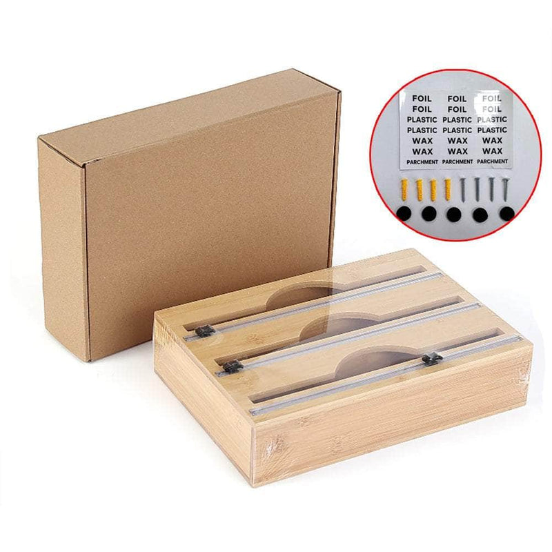 Bamboo finish - 3 Grids Bamboo Food Wrap Dispenser Cutter Foil Cling Film Storage Holder Box Kitchen