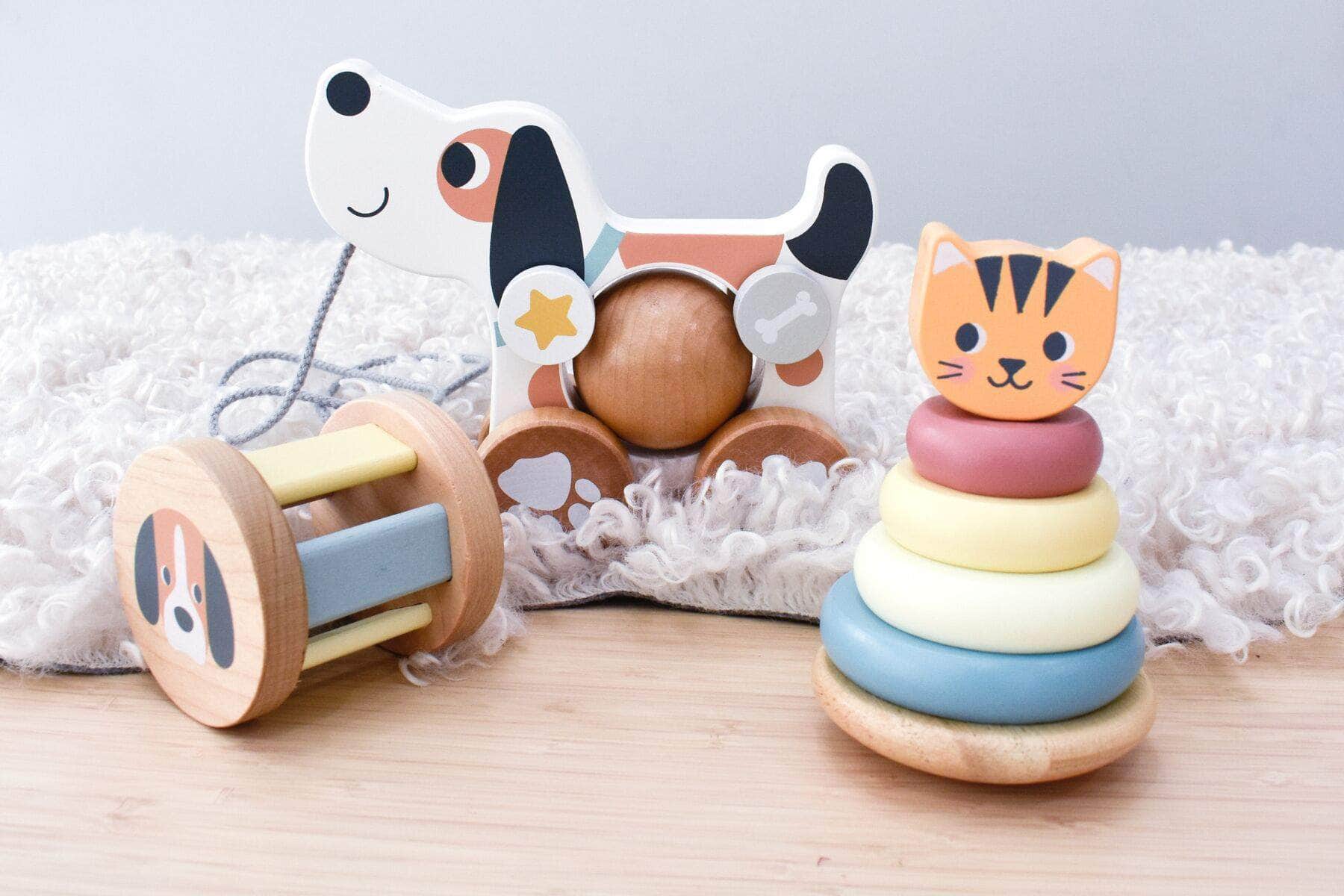 3 in 1 wooden baby rattle gift set - cat & puppy dog