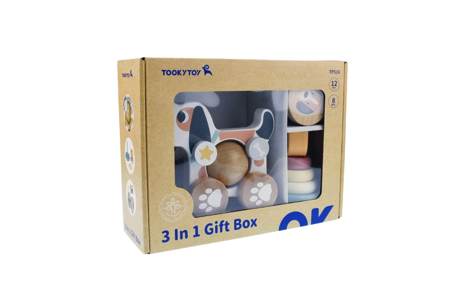 3 in 1 wooden baby rattle gift set - cat & puppy dog