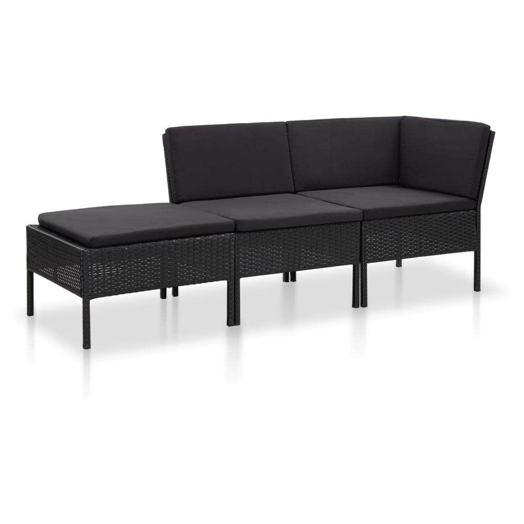 3 Pcs Garden Lounge Set with Cushions Poly Rattan Black