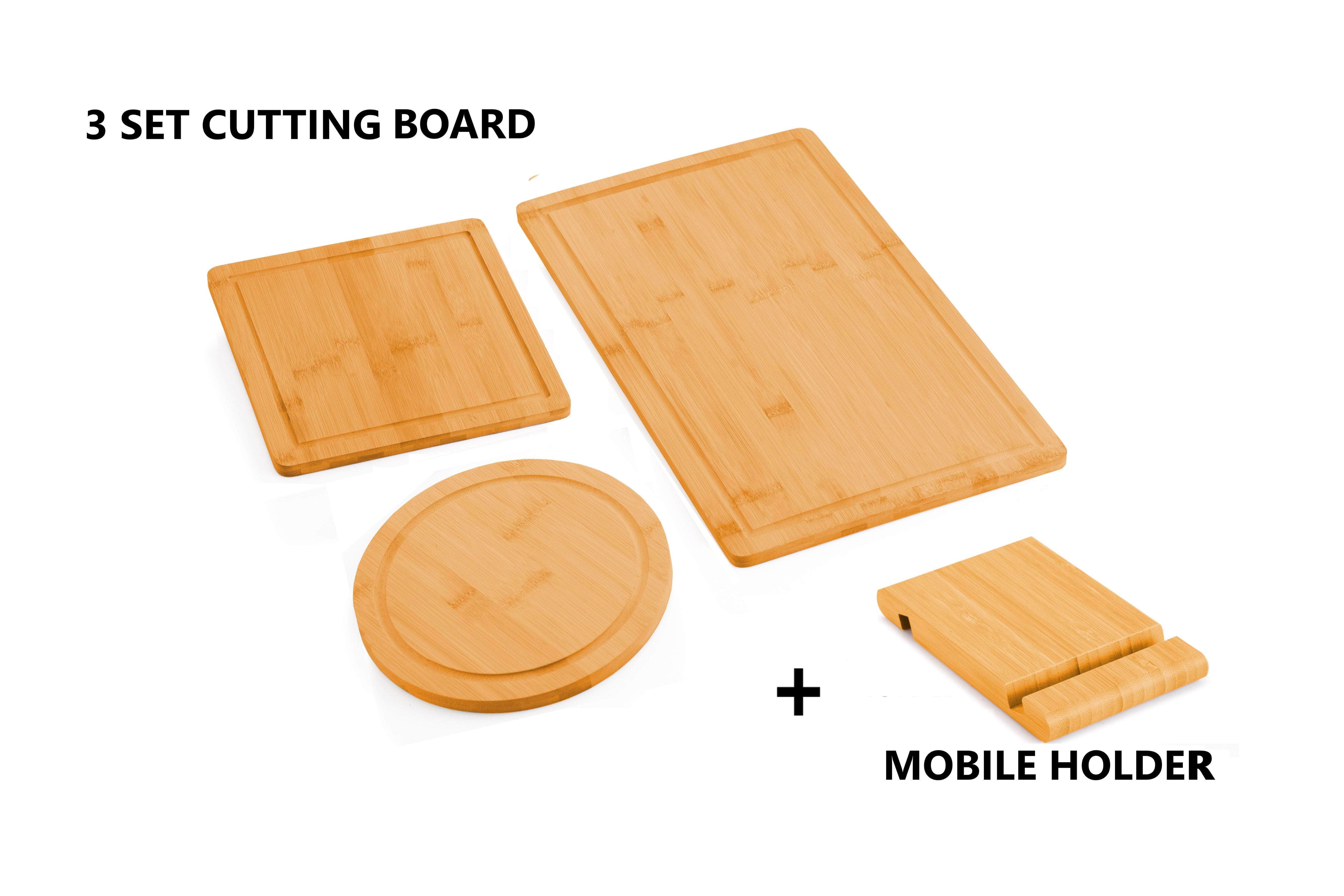 3 Piece Bamboo Cutting Board Set With Juice Groove and Mobile Holder